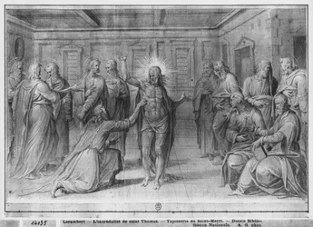 Leben Christi, Ungläubigkeit des Heiligen Thomas, vorbereitende Studie für den Wandteppichentwurf für die Kirche Saint-Merri in Paris, um 1585-90